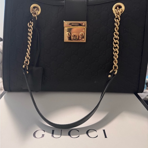 Gucci Handbags - Gucci Black Embossed Leather Shoulder Bag with Gold Chain